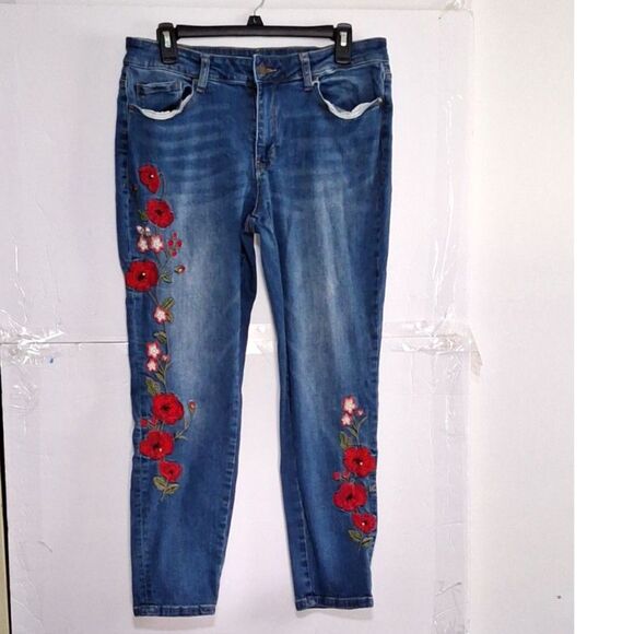 Women's Denim Jegging Embroidered Skinny Leg Mid Rise Embellished Medium Wash 12 - Picture 1 of 6